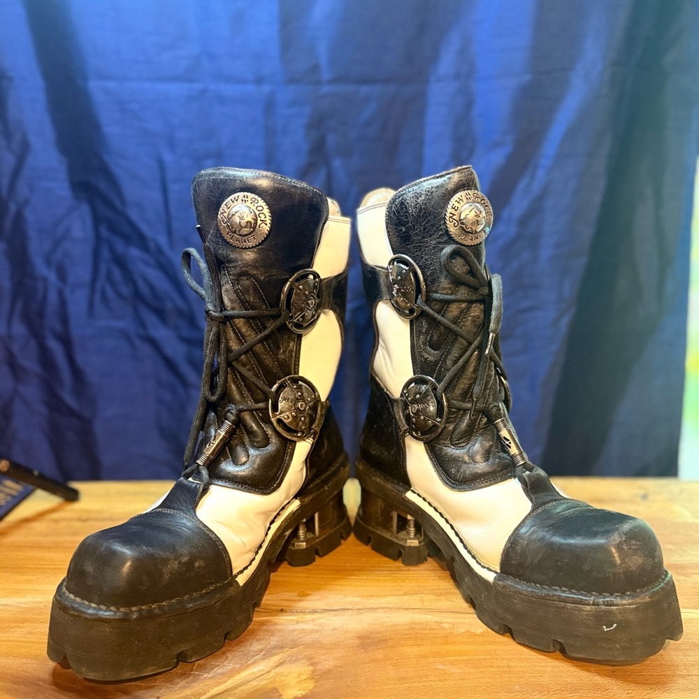 Black and White High-Top Boots with Durable Sole